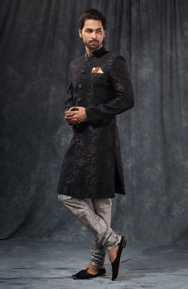 Elegant Black & Grey Embroidered Wedding Sherwani - Rent