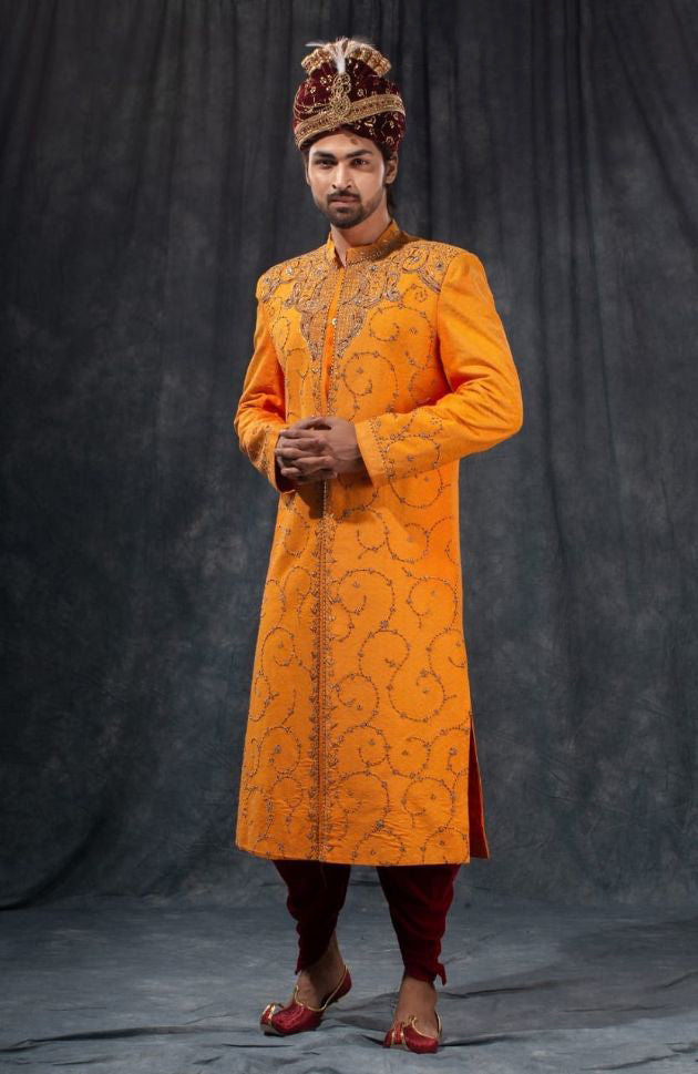 Orange & Maroon Zari Embroidered Wedding Sherwani - Rent