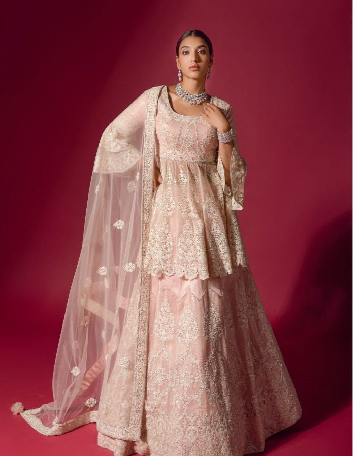 Baby Pink Peplum Jacket Lehenga Set - Rent