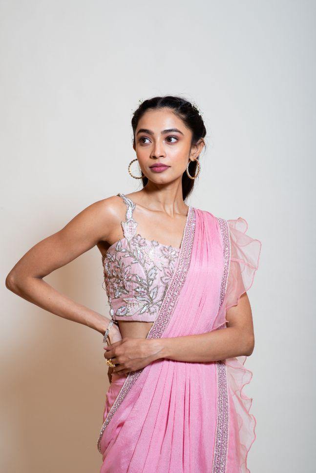 Smriti Apparel's Blush Pink Ruffe Drape Saree for Rent