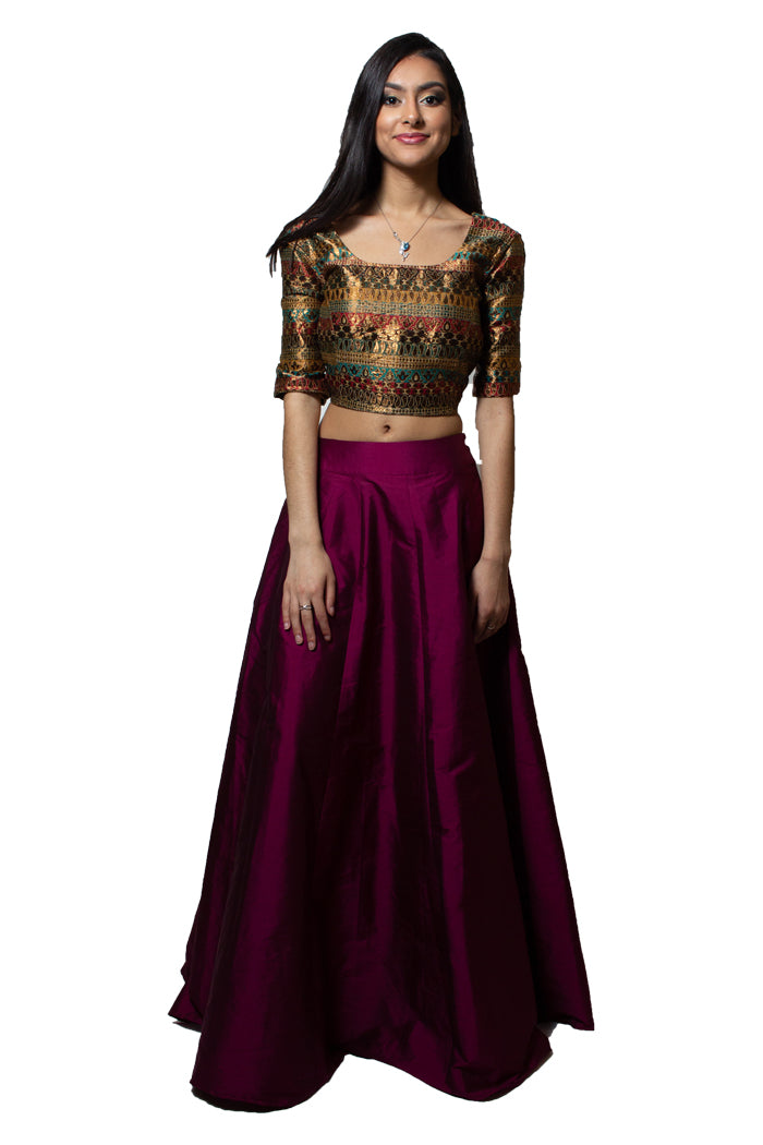 Buy Wine Brocade Crop Top Skirt Online - Main Image