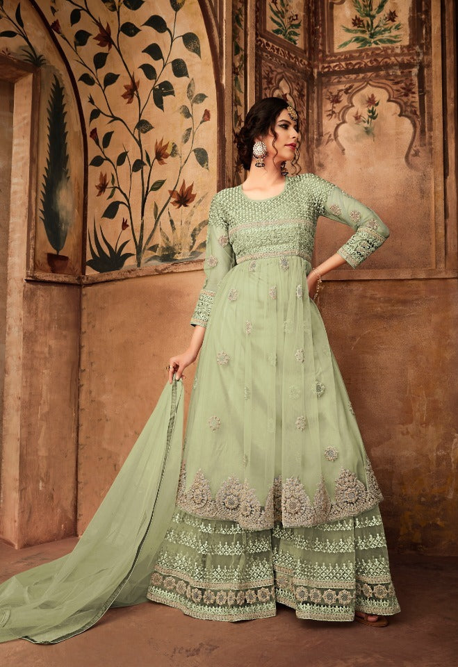 Elegant Green Net Partywear Sharara