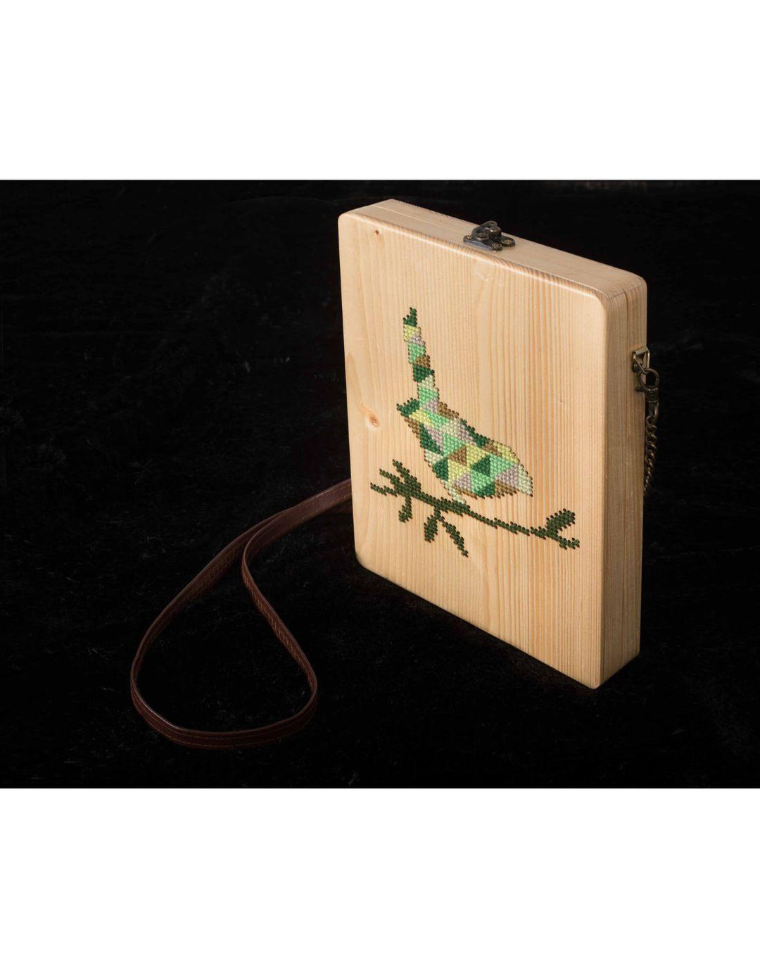 Green Sparrow Cross Stitch Wooden Clutch Bag-Clutch-Glamourental