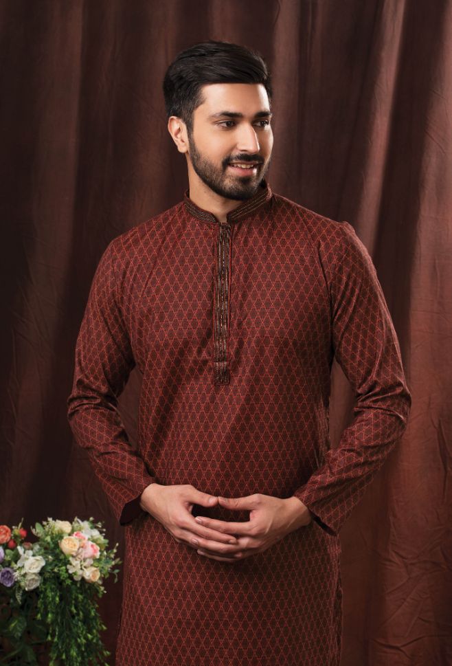 Maroon Color Printed Readymade Kurta Pajama Rent