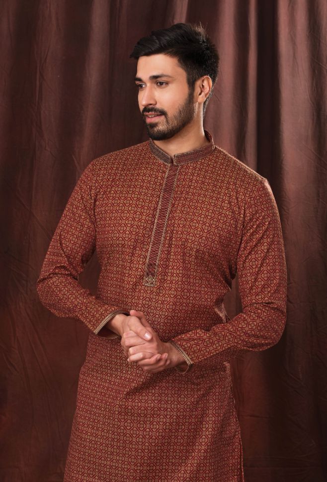 Red Printed Readymade Kurta Pajama Rent