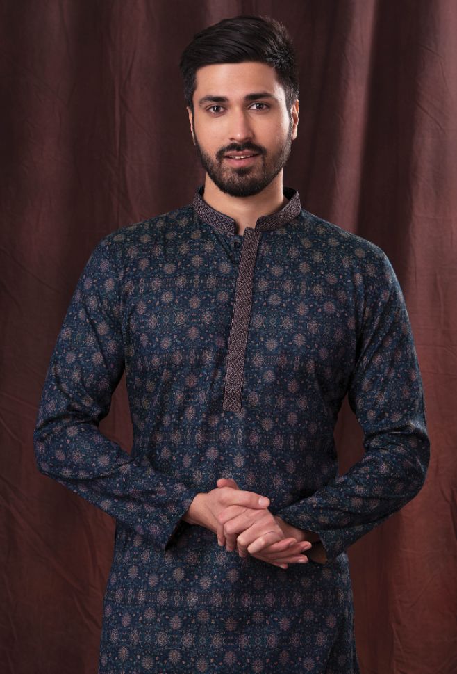 Navy Blue Printed Kurta with White Pajama Rent