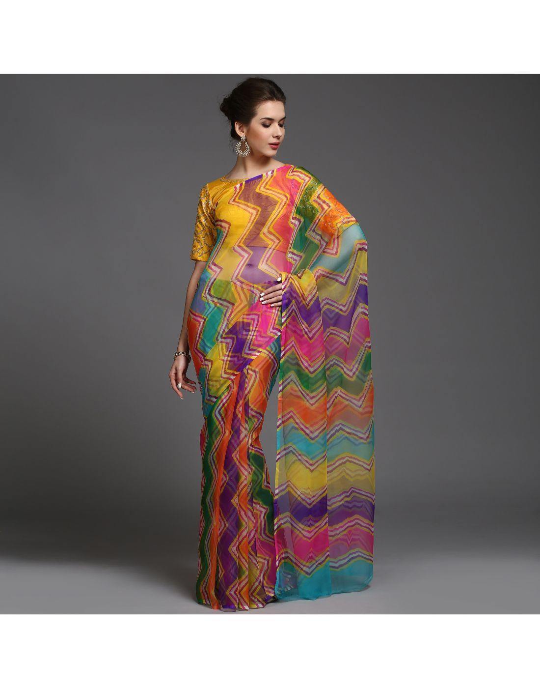 Buy Multicolor Printed Chiffon Saree with Modal Satin Blouse Piece, BGVS13/BG28MAR