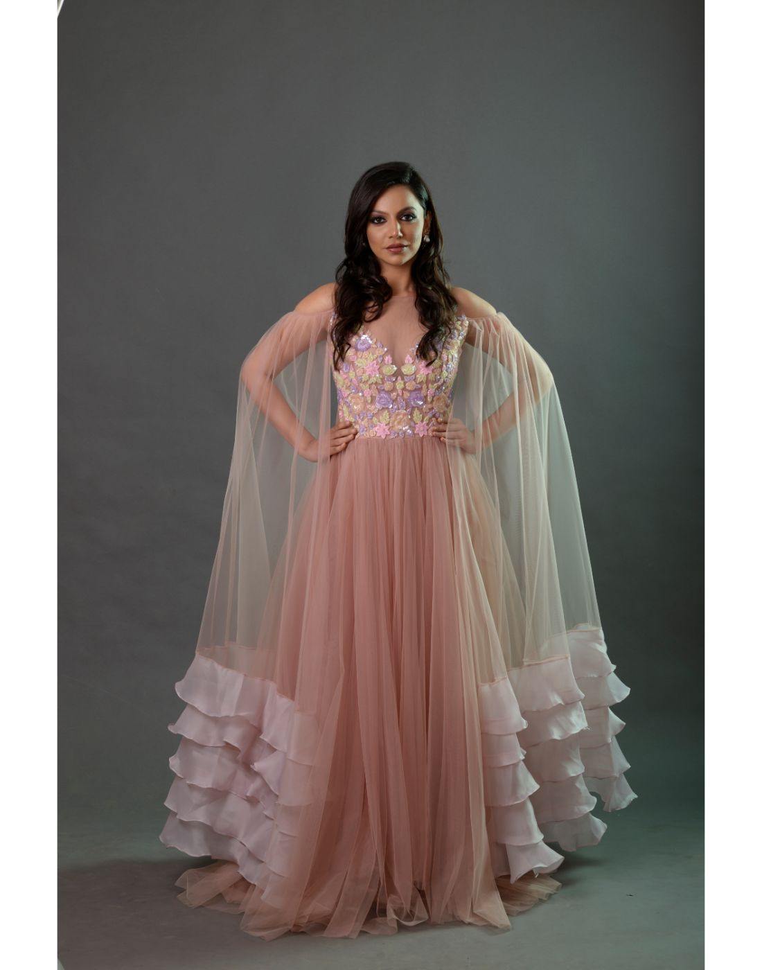 fitted lace wedding dress Rent Blush Pink Gowns with Ruffel Sleeves Online