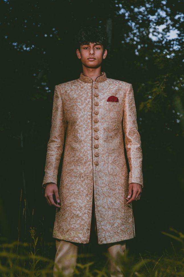 Rent Cream Maroon Colour Sherwani for Groom