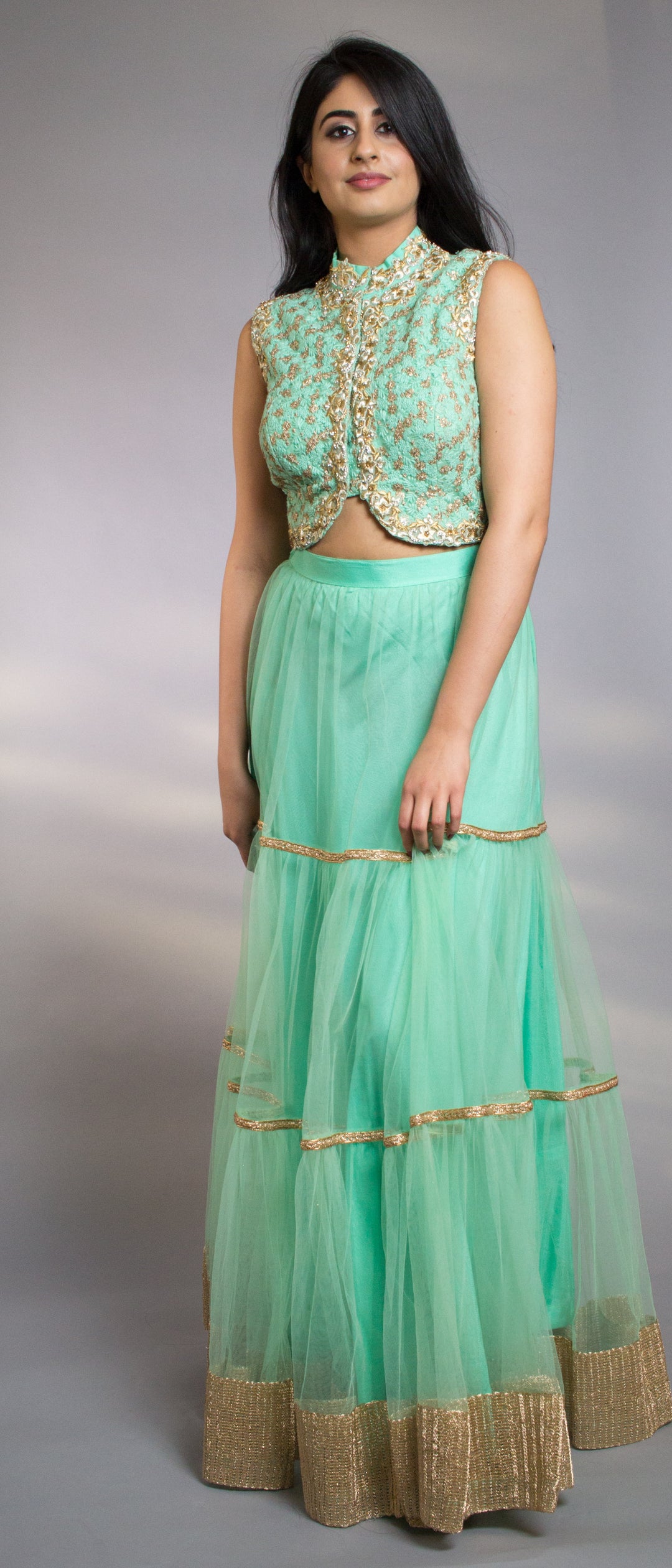 Mint Green Embroidered Net Crop Top With Net Lehenga Skirt - Rent