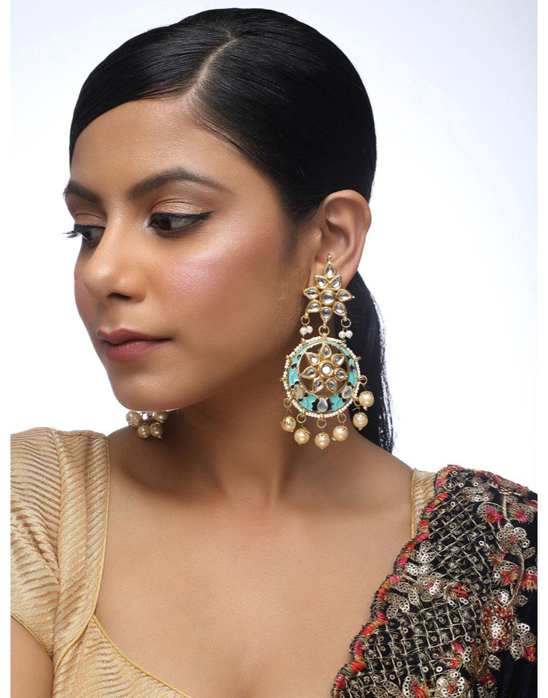 Embedded Green Kundan & Pearl Earrings-Accessories-Glamourental