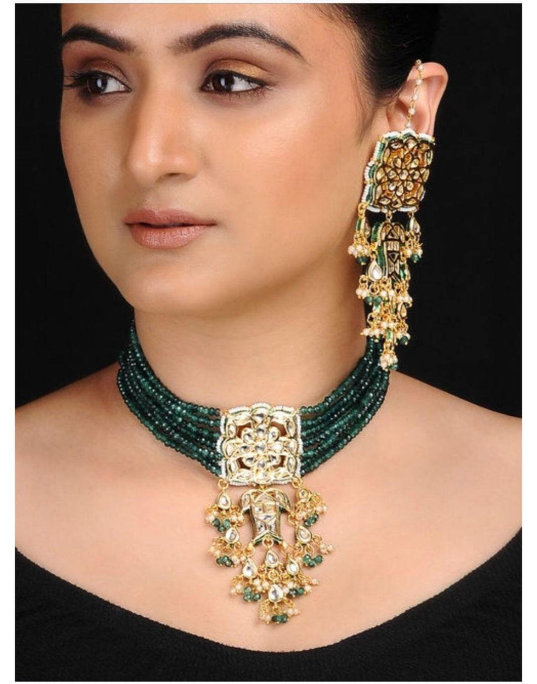 Emerald Kundan Neckpiece With Earrings-Accessories-Glamourental