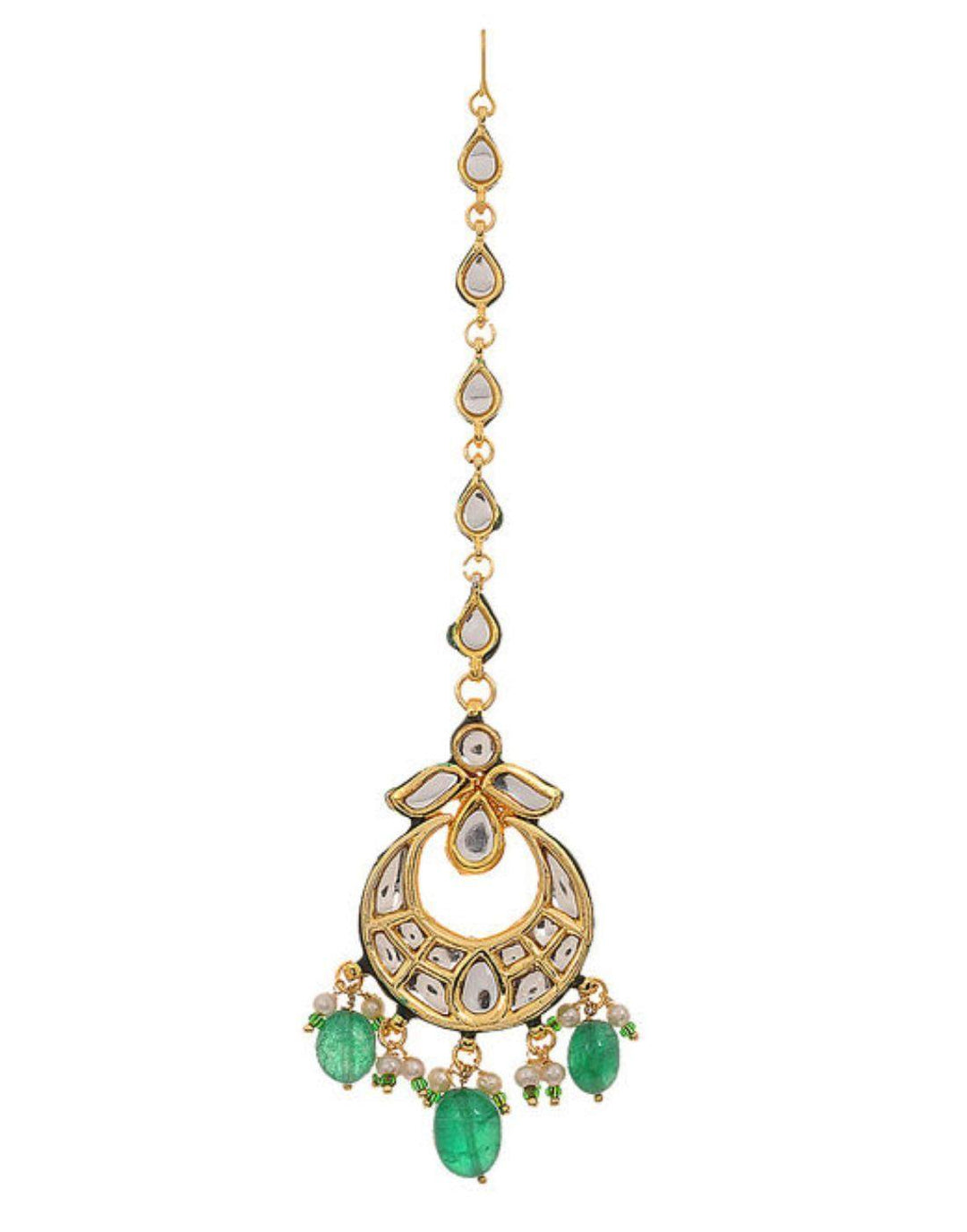 Kundan with Emerald green hanging Maang Tikka-Accessories-Glamourental
