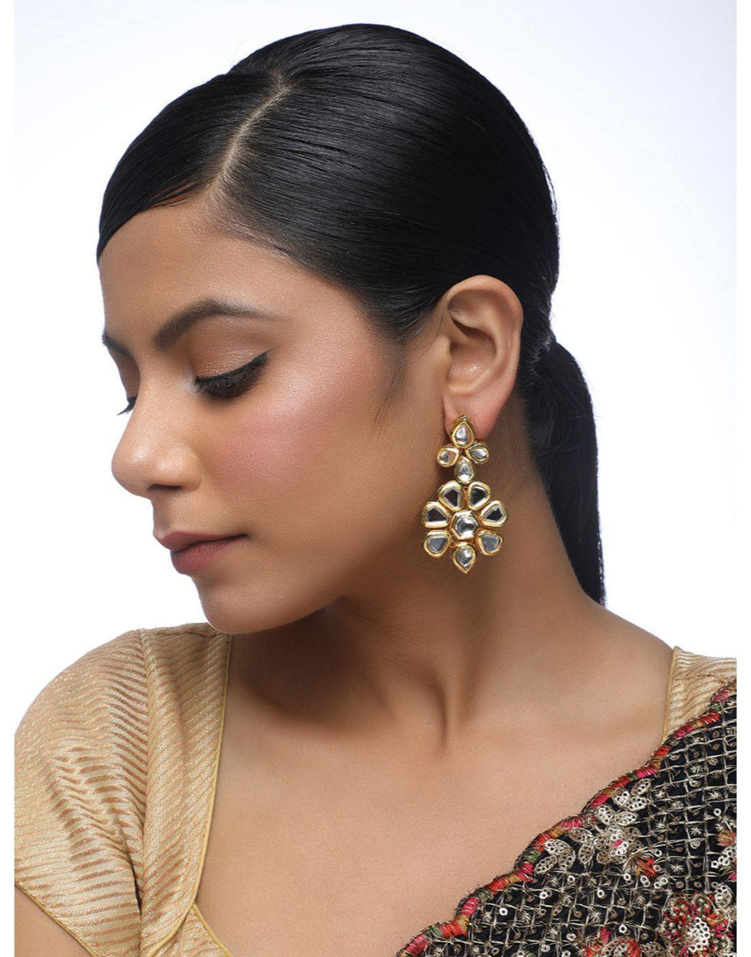 22k Gold plated Jadtar Flower Earrings-Accessories-Glamourental