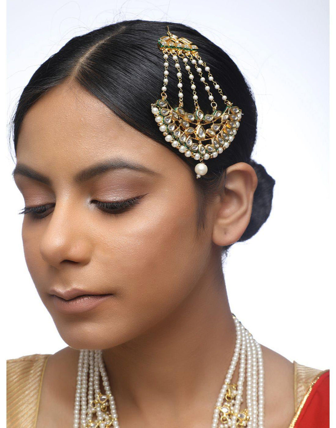 Kundan Layered Neckpiece With Naath & Jhumaar-Accessories-Glamourental