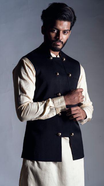 Black Nehru Coat with a Double Breasted Panel-Men-Glamourental