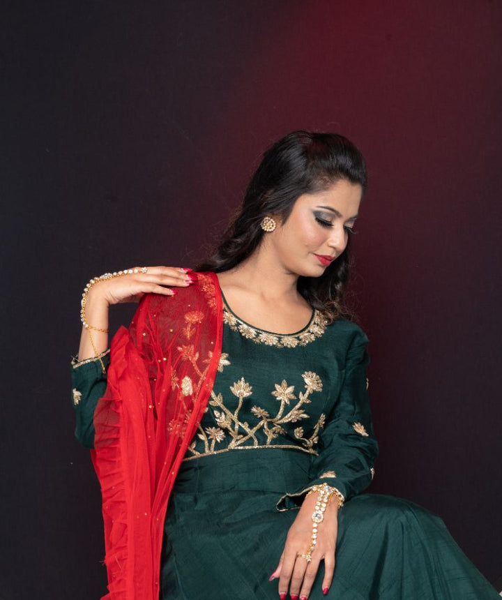 Olive Green and Red Anarkali for Wedding Guest - Rent