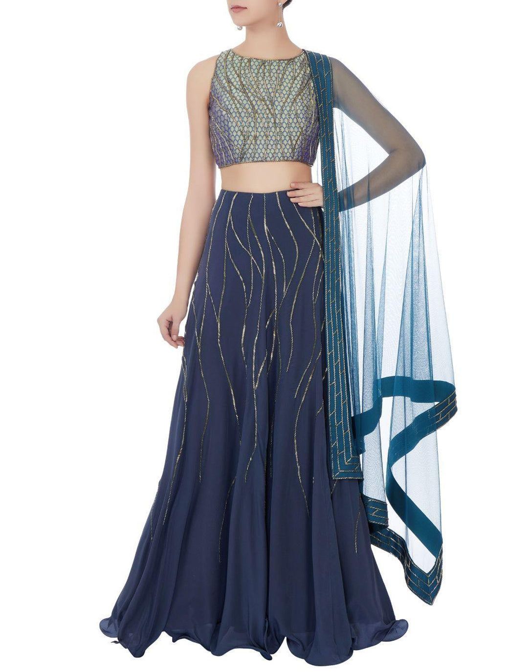 Rent Blue Color Lehenga With Brocade Top And Net Dupatta-Women-Glamourental