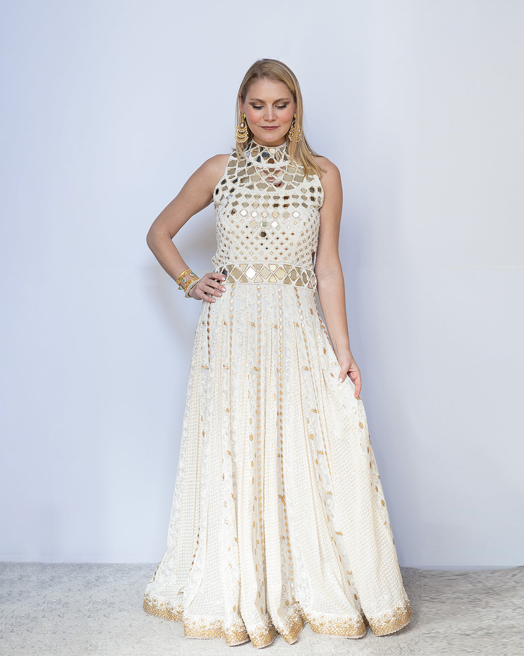 White Colored Anarkali Set with Mirror Work - Rent White Colored Anarkali Set with Mirror Work - Rent
