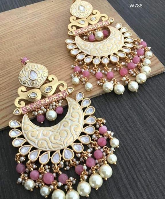 Gold & Pink Ethnic Kundan Earrings Set For Women - Glamourental