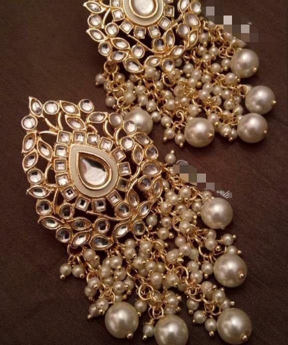 Golden Kundan Earrings with Gold Pearl - Glamourental