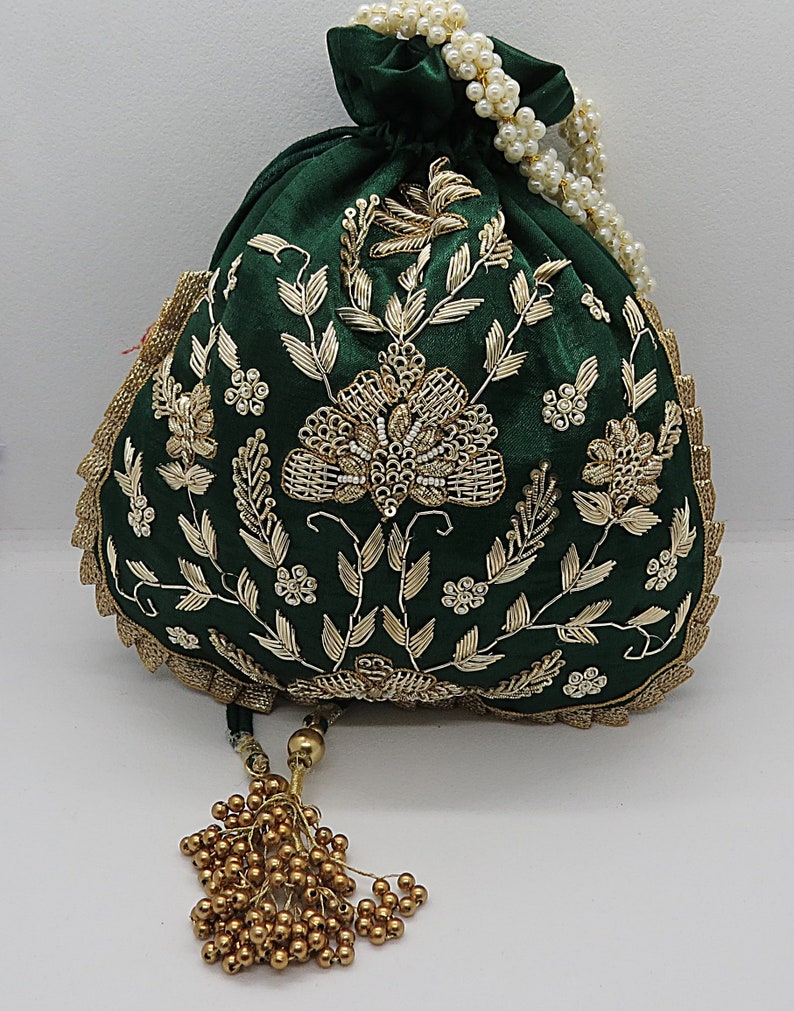 Green with golden embroidered Potli - Rent