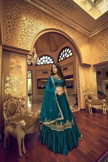 Rama Blue Lino Silk Semi Stitched Lehenga - Clearance