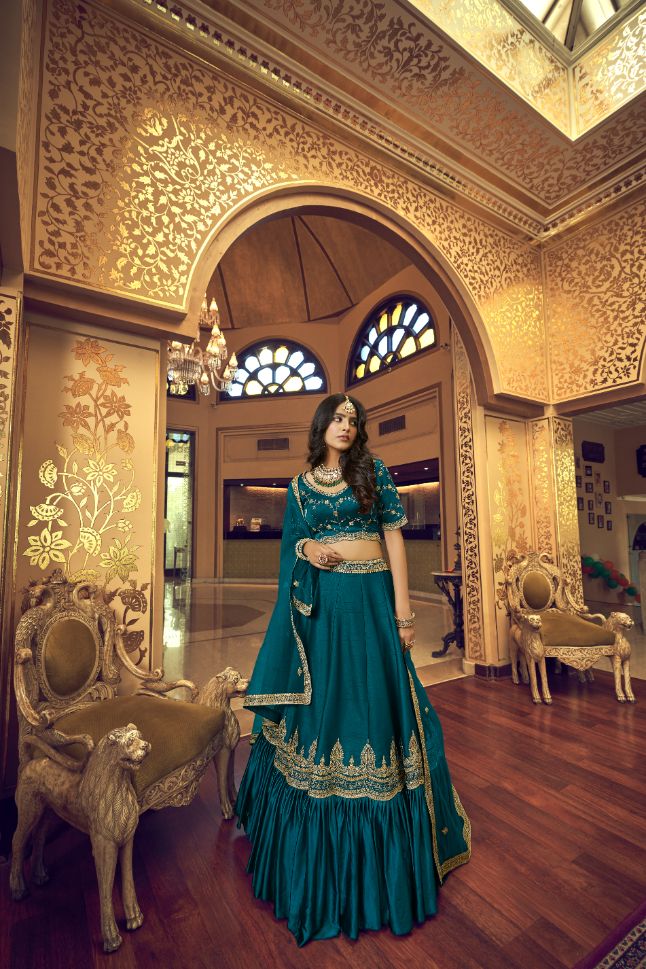 Rama Blue Lino Silk Semi Stitched Lehenga - Clearance