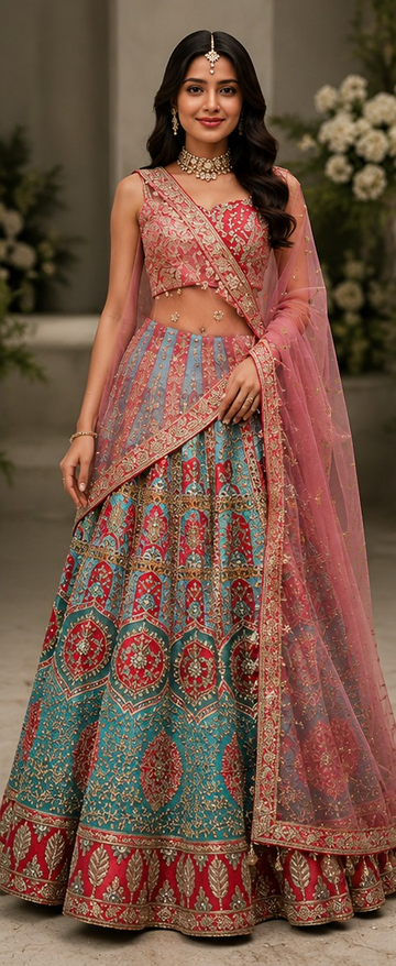 Dusty Pink & Teal Designer Embroidered Lehenga Set for Rent