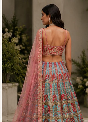 Dusty Pink & Teal Designer Embroidered Lehenga Set for Rent