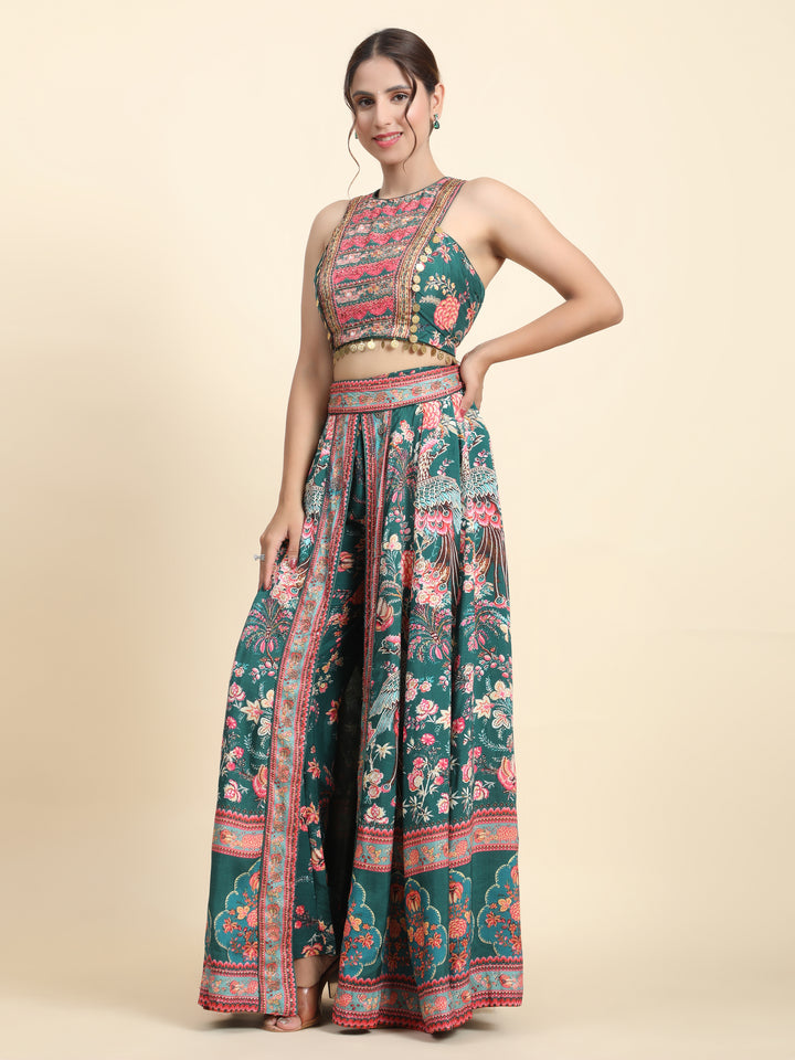 GREEN PRINTED TRENDY SKIRT PALLAZO AND CROP TOP - RENT