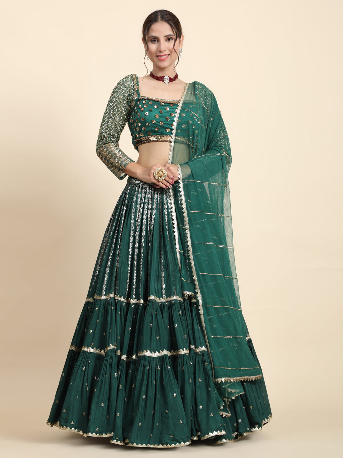 Emerald Green Net Sequence Chinnon Lehenga for Mehendi - Rent