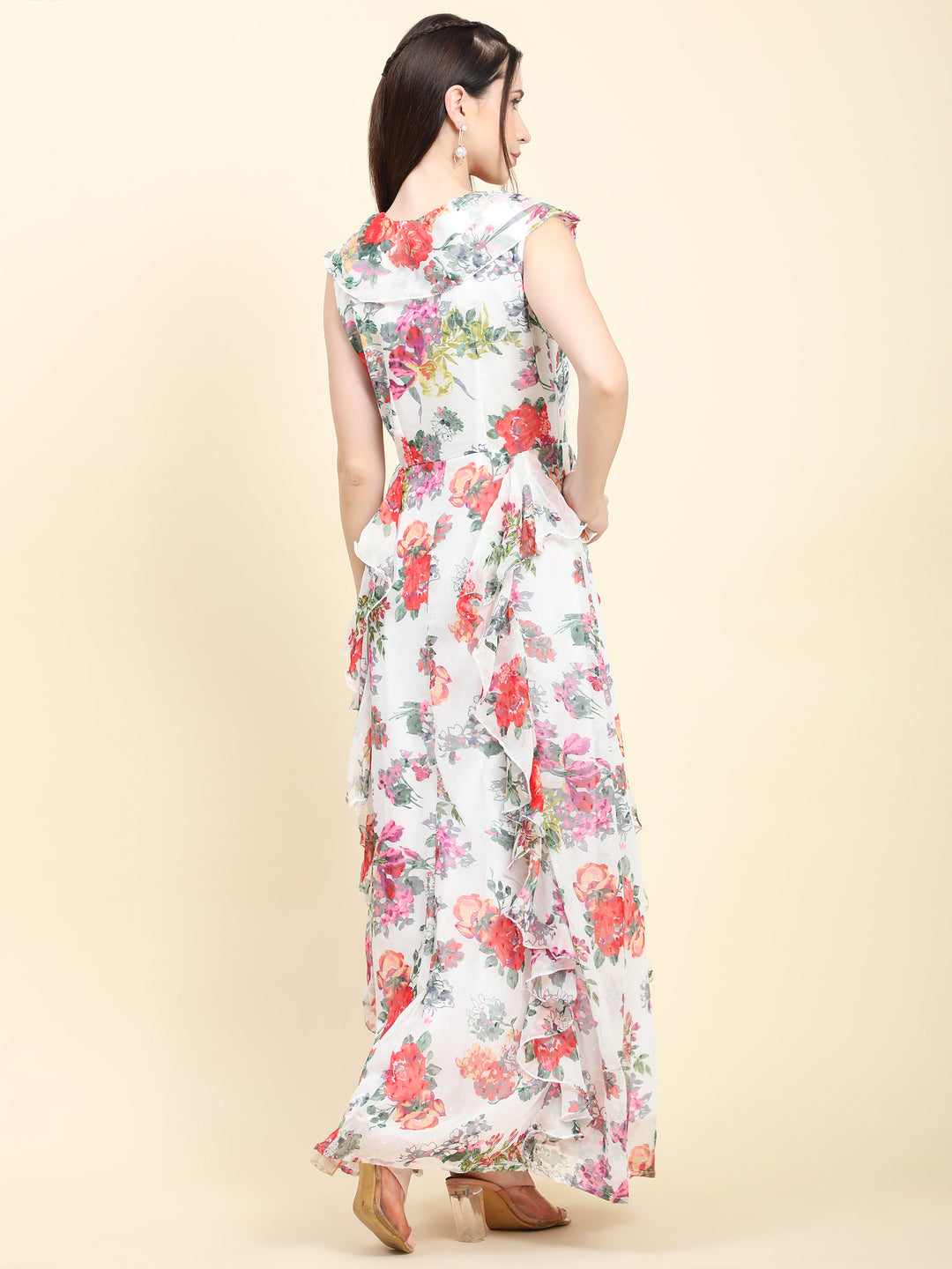 Miracolos White base Floral print Georgette Ruffle Dress - Rent