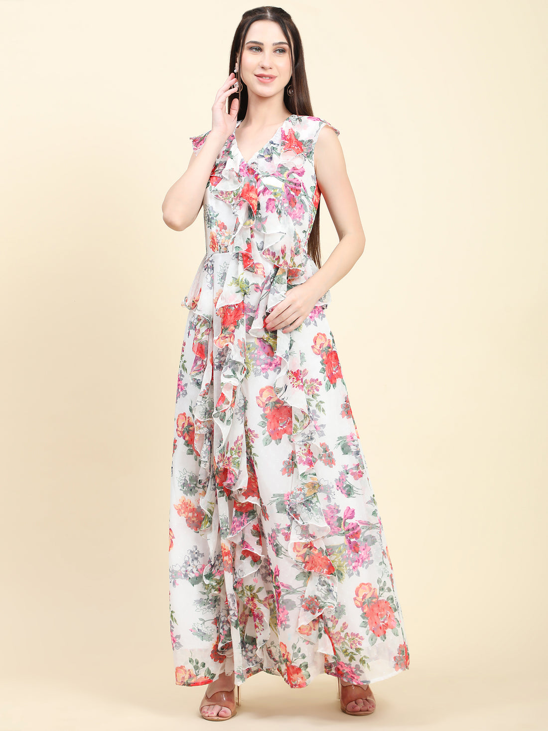 Miracolos White base Floral print Georgette Ruffle Dress - Rent