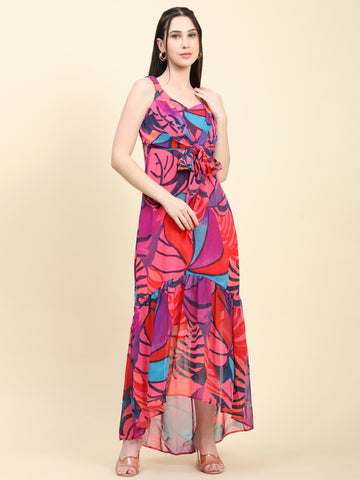 Miracolos Pink base Multicolor print Mermaid Dress with Tie knot at waist - RENT