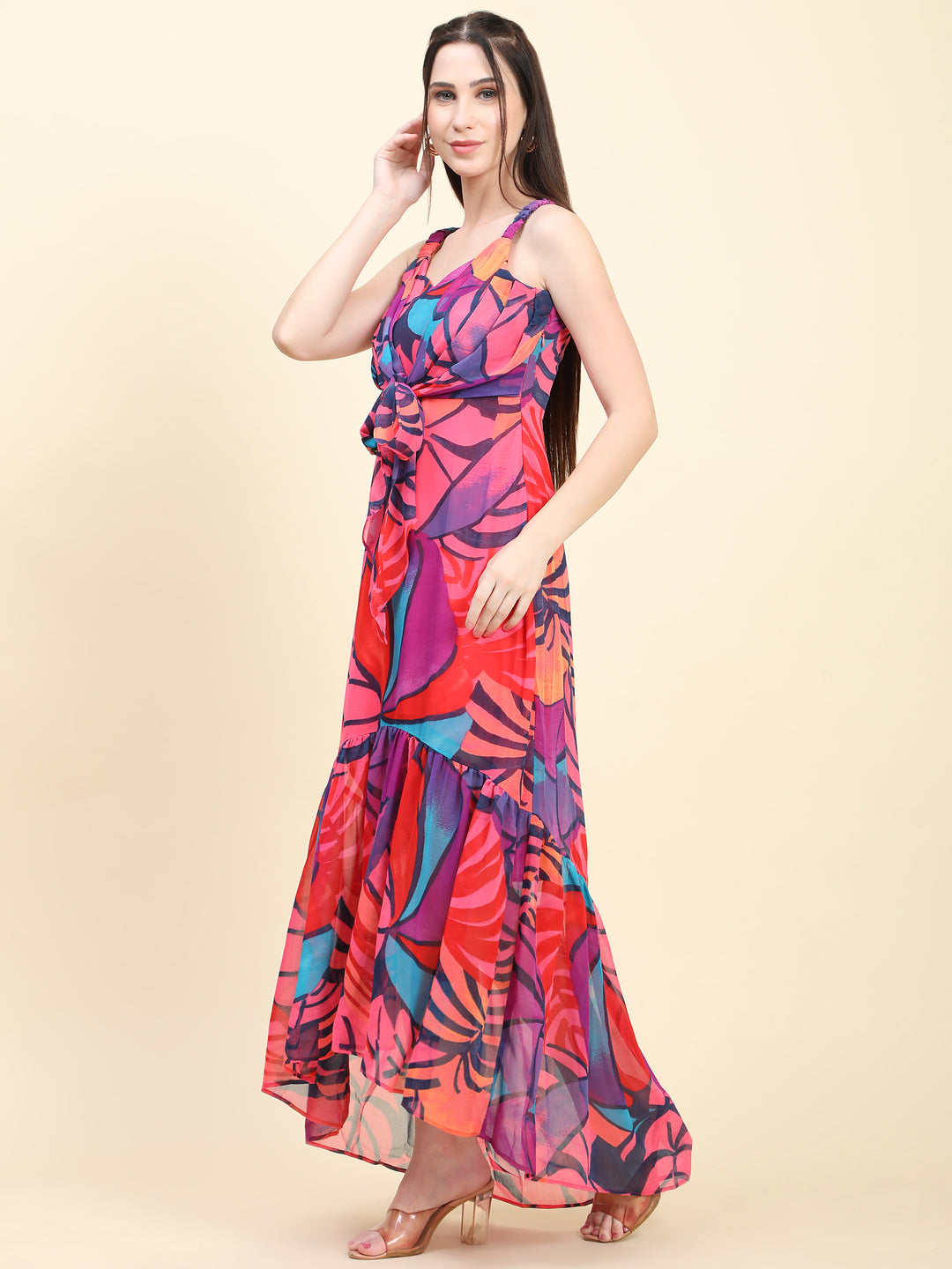 Miracolos Pink base Multicolor print Mermaid Dress with Tie knot at waist - RENT