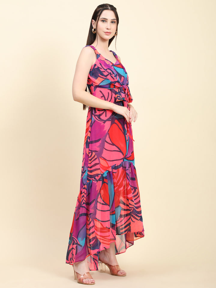 Miracolos Pink base Multicolor print Mermaid Dress with Tie knot at waist - RENT
