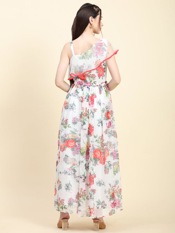 Miracolos One Shoulder Floral Printed Georgette Dress white base - RENT