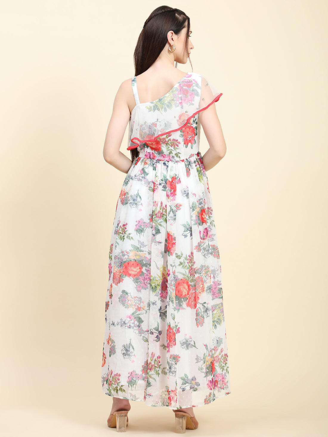 Miracolos One Shoulder Floral Printed Georgette Dress white base - RENT