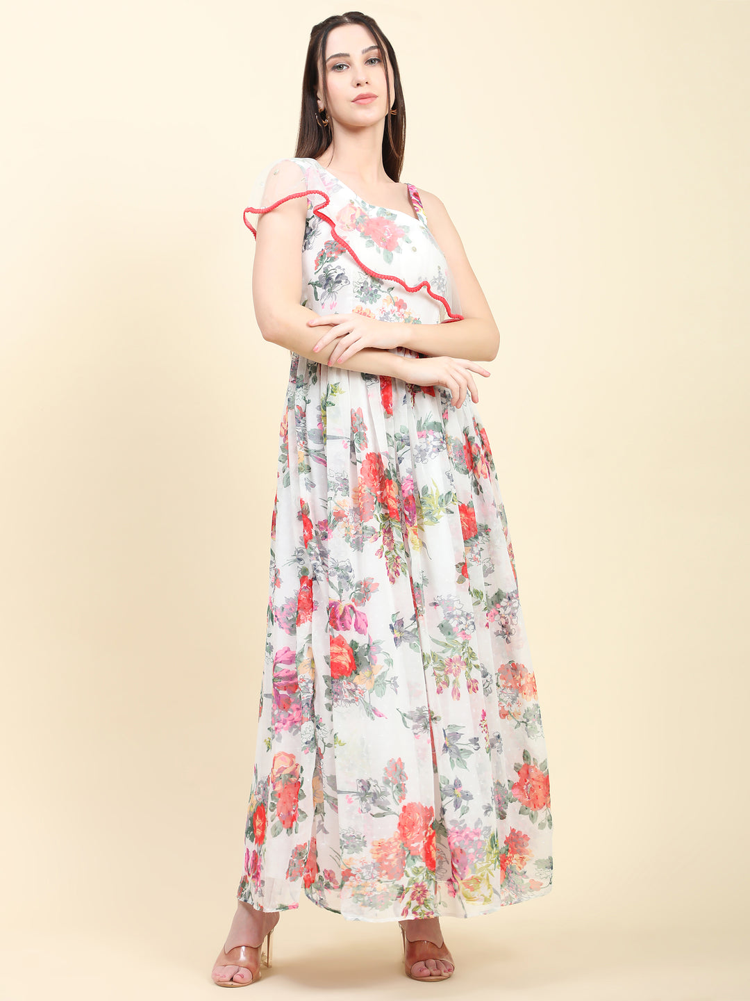 Miracolos One Shoulder Floral Printed Georgette Dress white base - RENT