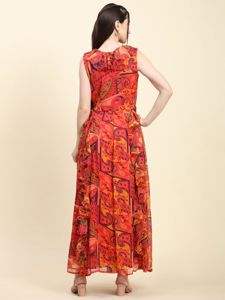 Miracolos Red base Leaf print Georgette Ruffle Dress - Rent