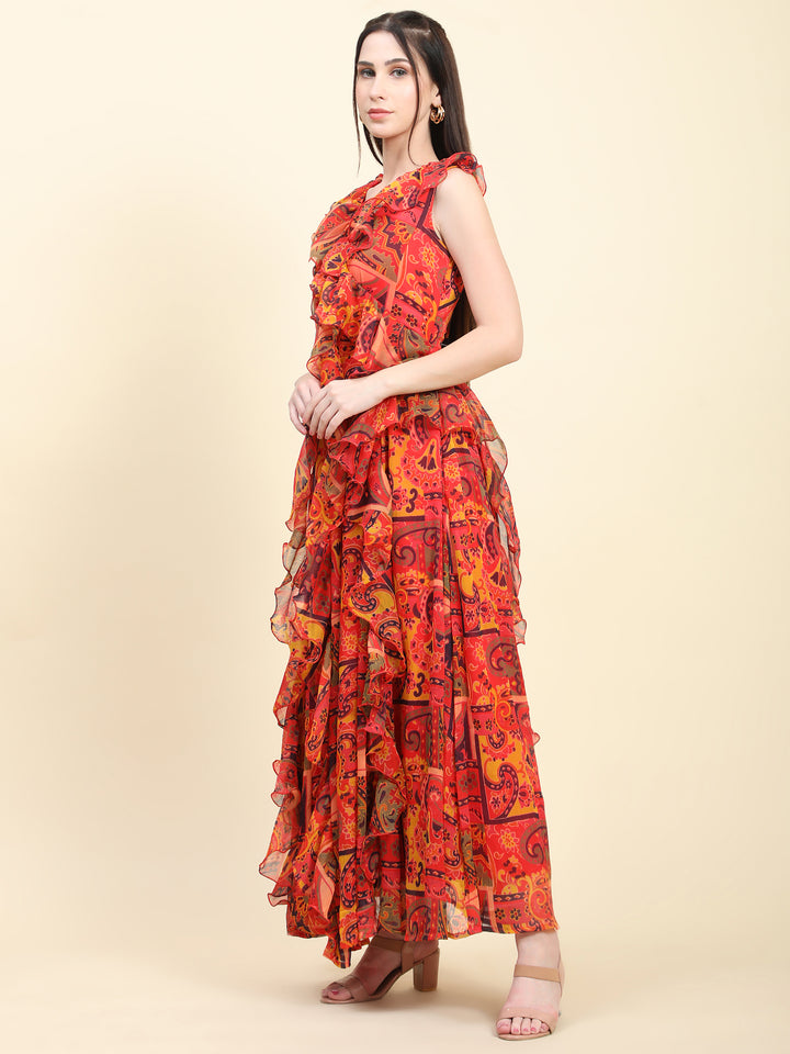 Miracolos Red base Leaf print Georgette Ruffle Dress - Rent