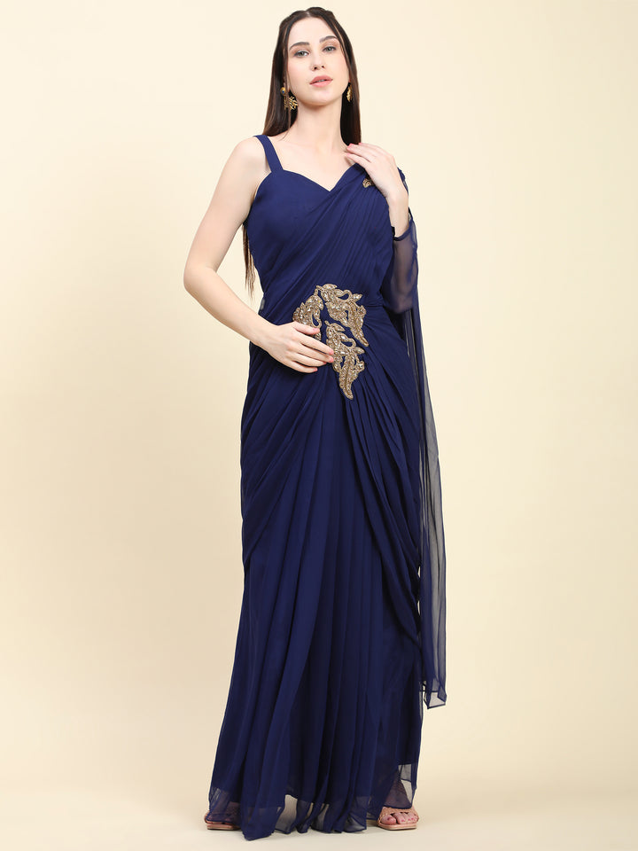 Miracolos Dark Blue Georgette Pleats Drape Saree, Blouse set with embroidered patches - Rent