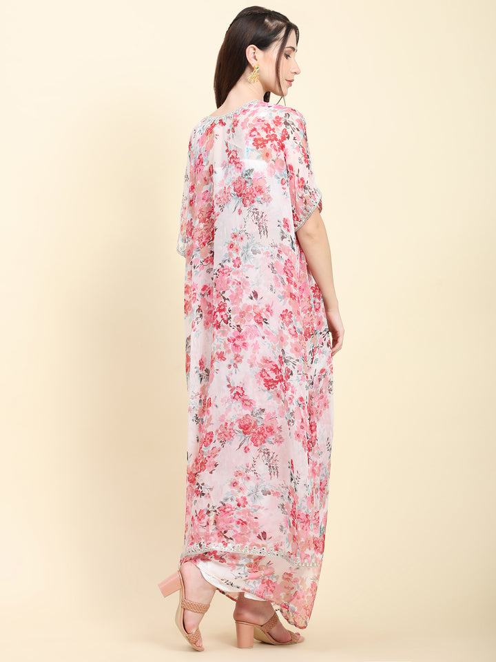Miracolos White base Pink Floral print Chiffon Blouse, Cape, Dhoti drape Skirt set- RENT