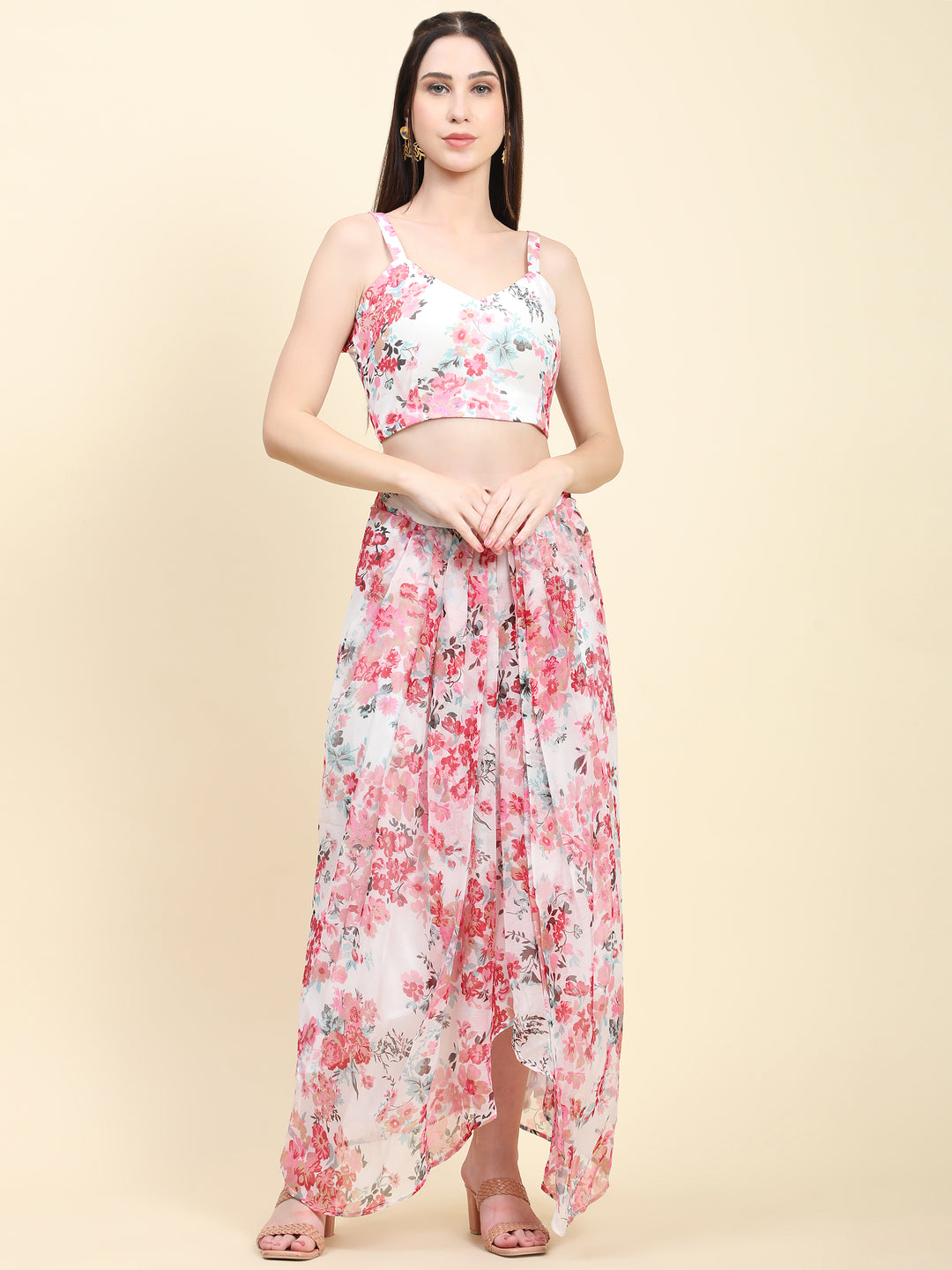 Miracolos White base Pink Floral print Chiffon Blouse, Cape, Dhoti drape Skirt set- RENT