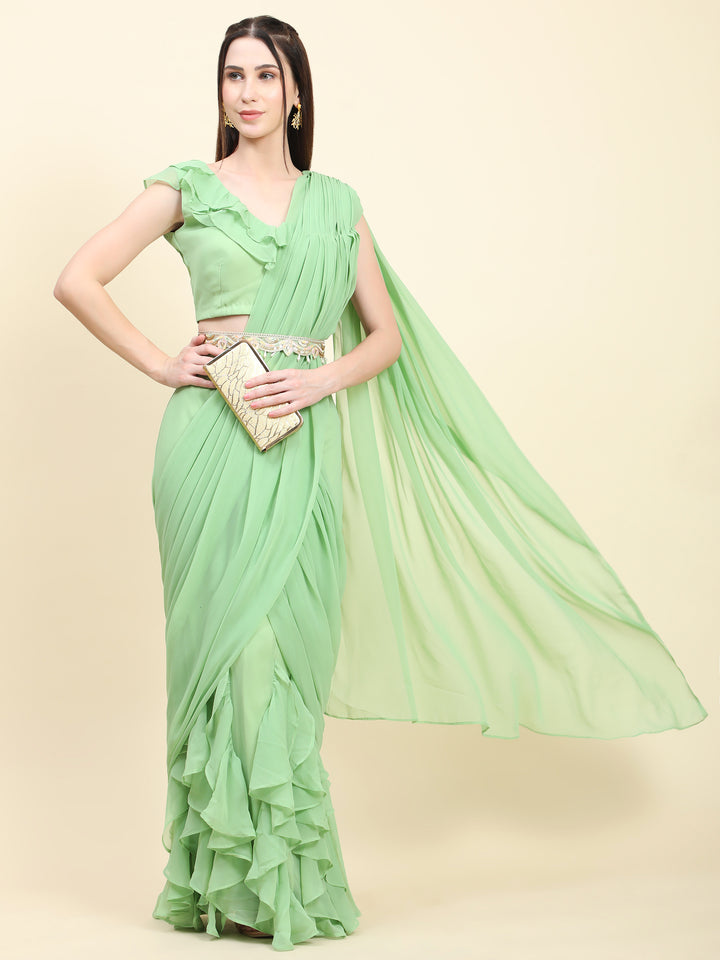 Miracolos Pastel Green Georgette Ruffle drape Saree, Blouse set - Rent