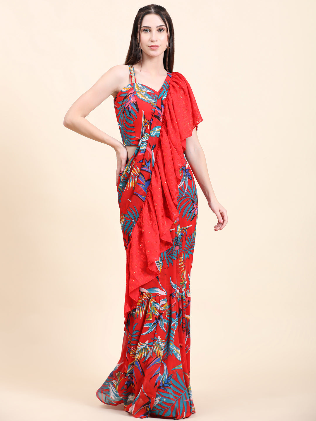 Miracolos Red base Leaf print Georgette Ruffle Saree, Blouse set - RENT