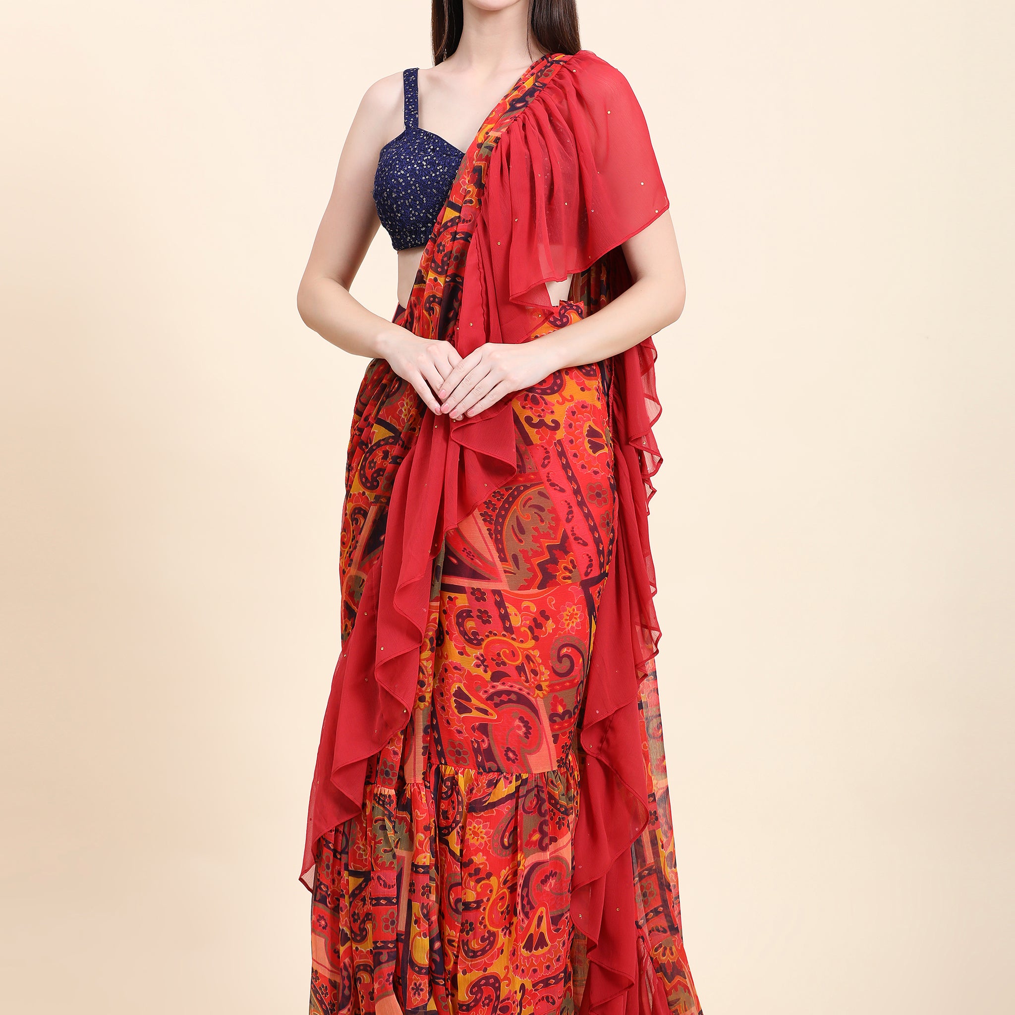 Miracolos Printed Chiffon Red base Ruffle Saree, Sequins Blouse set - RENT