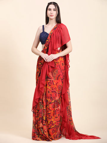 Miracolos Printed Chiffon Red base Ruffle Saree, Sequins Blouse set - RENT