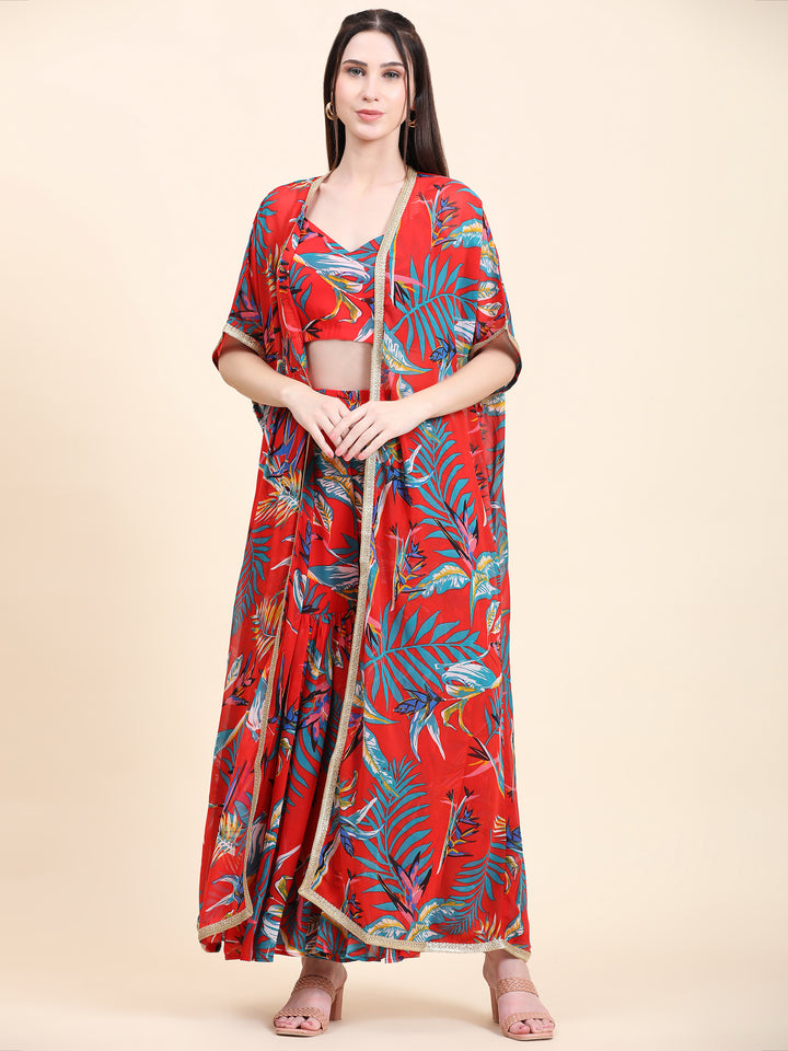 Miracolos Red base Leaf print Georgette Blouse, Garara and Cape set - RENT